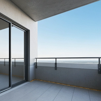 Modern balcony with visible waterproofing layers, clean, well-maintained, clear sky, no text, no words, no typography, 8K