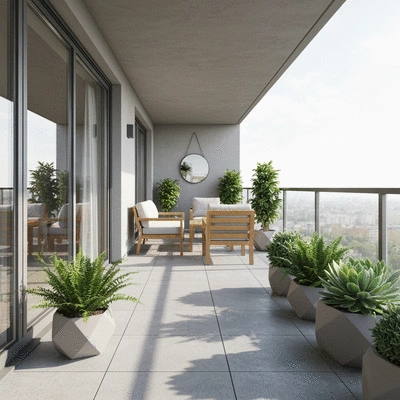 Beautifully waterproofed balcony with modern furniture and plants