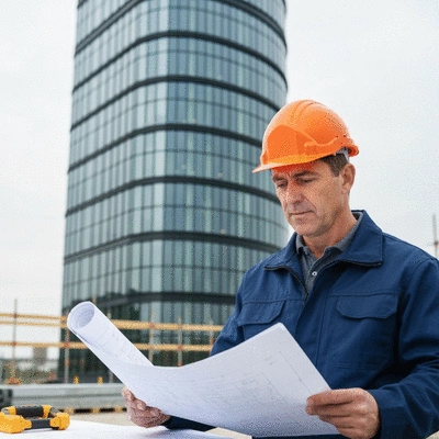 Licensed waterproofing contractor reviewing blueprints on a construction site