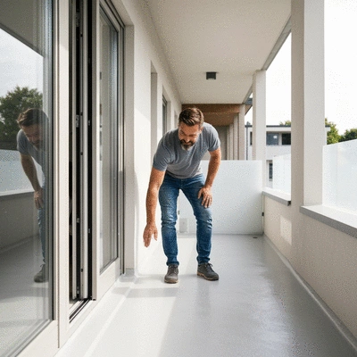 Homeowner inspecting a newly waterproofed balcony surface