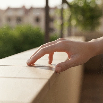 Close-up of a hand inspecting a balcony tile for hairline cracks, with a blurred outdoor balcony in the background, no text, no words, no typography, 8K, natural lighting