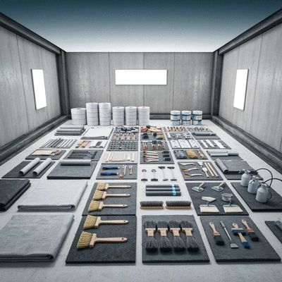Assortment of waterproofing materials and tools on a construction site