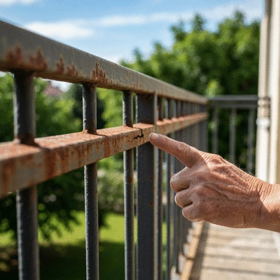 Detailed close-up of a balcony railing being inspected