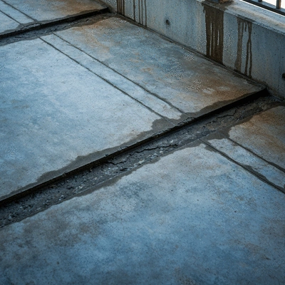 Close-up of a damaged balcony showing water stains and minor cracks
