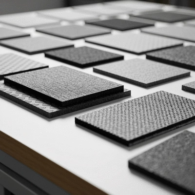 Close-up view of various waterproofing membrane samples, showing different textures and colors, on a clean workbench