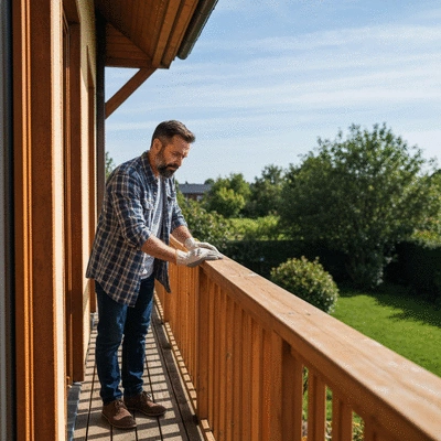 Homeowner inspecting their balcony for signs of damage or leaks