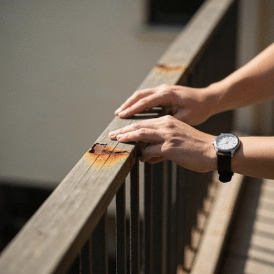 Person inspecting a balcony railing for rust and damage, close-up, focused, natural light