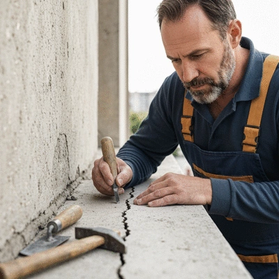 Professional inspecting a balcony for repairs, focusing on a crack in the concrete, with tools nearby