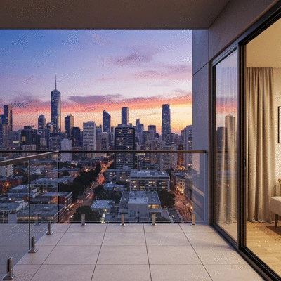 Modern apartment balcony with glass balustrades overlooking a city skyline