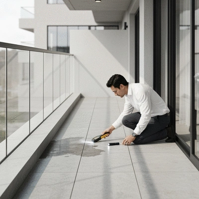Professional inspecting a balcony for water damage with tools