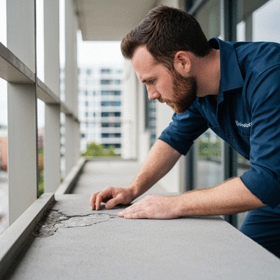 Expert inspecting balcony for waterproofing issues in Melbourne