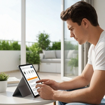 Homeowner reviewing balcony repair costs on a digital tablet with a modern balcony in the background