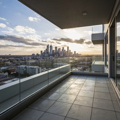 Modern balcony with visible waterproofing layer and a beautiful view of Melbourne's skyline under a mix of sun and clouds