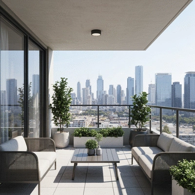 Modern apartment balcony with potted plants and outdoor furniture, clean, inviting, sunny day