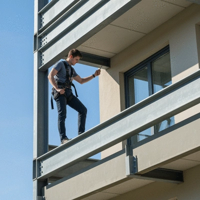 Professional inspecting a balcony for structural integrity