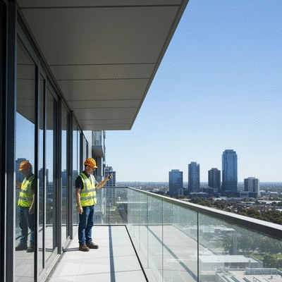 Professional inspecting a modern balcony for waterproofing issues in Melbourne, clear sky, no text, no words, no typography, 8K
