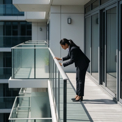 Property manager inspecting a balcony for maintenance issues