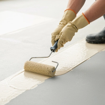 Close-up of hands applying a liquid waterproofing membrane to a balcony floor