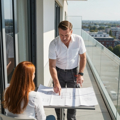 Professional contractor discussing balcony repair plans with a homeowner, pointing to architectural drawings