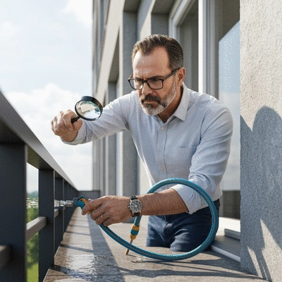 Professional inspecting a balcony for leaks with tools