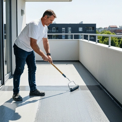 Professional applying liquid waterproofing membrane to a balcony surface