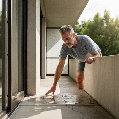 Homeowner inspecting a balcony for signs of damage