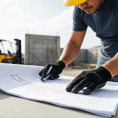Close-up of a construction worker's hands reviewing blueprints on a job site with safety equipment visible