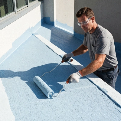 Commercial balcony with visible waterproofing layer being applied