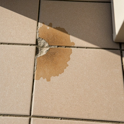 Close-up of a damaged balcony tile with discolored grout and visible water stains, indicating underlying moisture issues, no text, no words, no typography, 8K, natural lighting